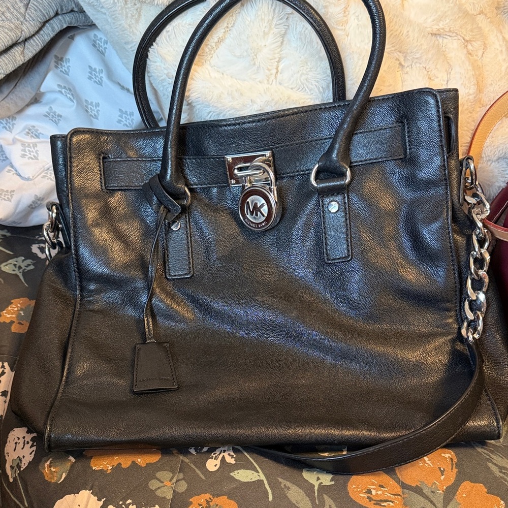 Michael Kors Black Leather Handbag with Silver Chain